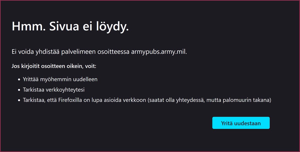 Veera_Fager's tweet photo. Kun yritin vahvistaa US armeijan julkaisseen dokumentin nimeltä #ALARACT, jossa puhutaan veteraanien kutsumisesta takaisin palvelukseen..
Sivua ei löydy.
YKSI tallenne löytyi archivesta
Good work, whomever you are that saved this 💗🎯
https://t.co/bq5JcNZ9ip https://t.co/DW3Huvcp0d