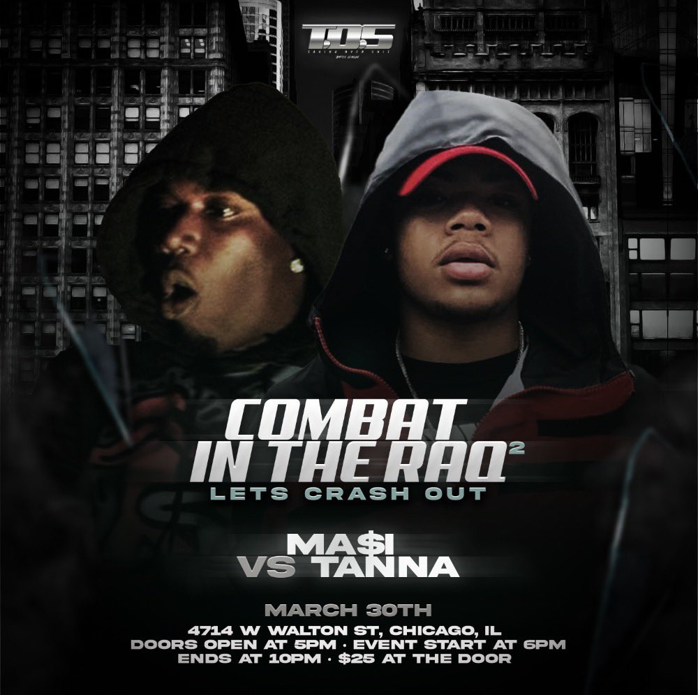 TosBattleleague's tweet photo. 🚨🚨🚨🚨 COMBAT IN THE RAQ “LETS CRASH OUT” MARCH 30TH 4714 W WALTON ST, CHICAGO,IL 
DOORS OPEN AT 5PM • EVENT START AT 6PM ENDS AT 10PM • $25 AT THE DOOR🚨🚨🚨🚨

BEAT US THERE DONT MEET US THERE‼️‼️‼️
#LetsCrashOut #CombatInTheRaq2 #TOSBattleLeague https://t.co/bxSmRazCEF