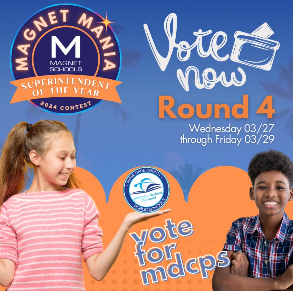🌟 Every vote counts! Let’s rally together and cast our votes for MDCPS in the Magnet Mania
SOY Contest! Voting is open from 03/27 to 03/29. Let’s make it happen! 🗳️✨  Vote here: shorturl.at/pFGP1
#YourBestChoiceMDCPS #MagnetMania