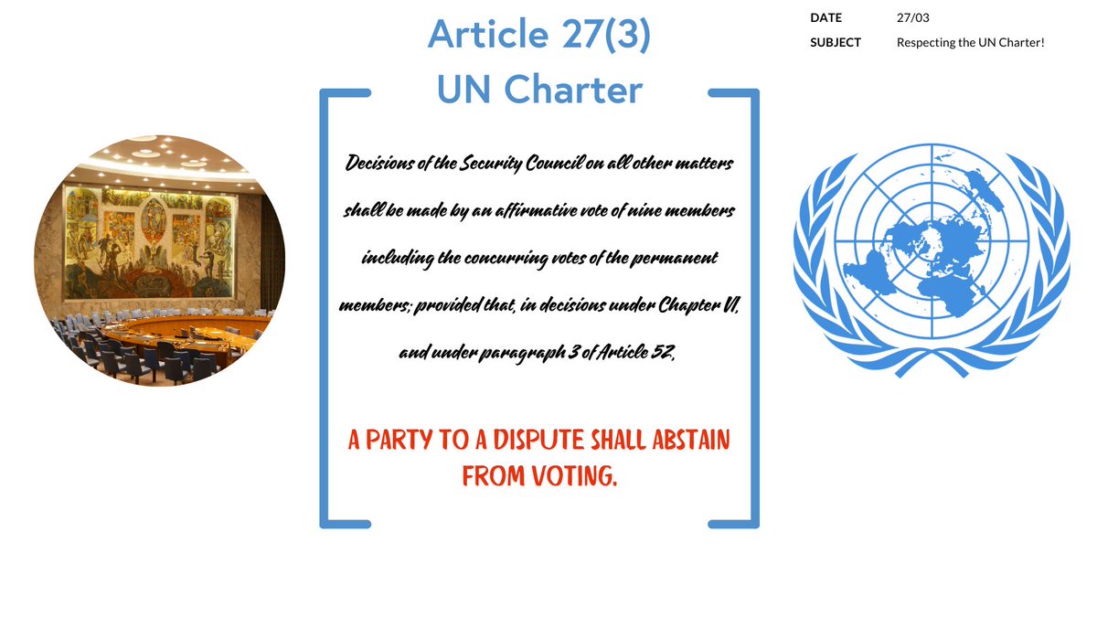 Happy 27/3! Everyday, and particularly on 27/3, 🇦🇹 honors Chapter 27(3) of the UNCharter, which states that #UNSC members shall abstain from voting if they are a “party to a dispute”. We must ensure the full & consistent application of this important provision. #RespectTheCharter