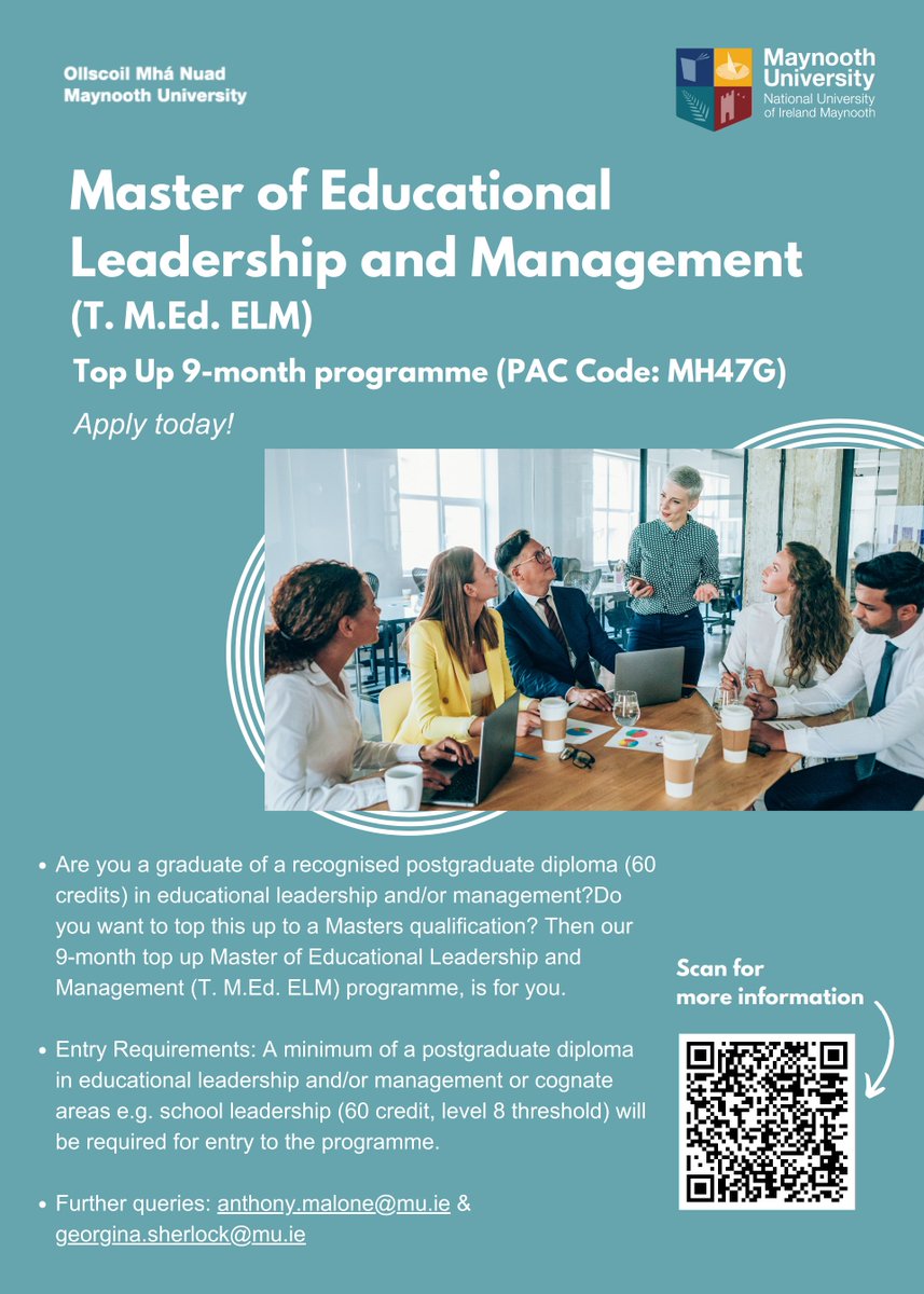 Are you a graduate of a recognised postgraduate diploma (60 credits) in educational leadership and/or management? Do you want to top this up to a Masters qualification? Then our 9-month top up Master of Educational Leadership and Management (T. M.Ed. ELM) programme, is for you.