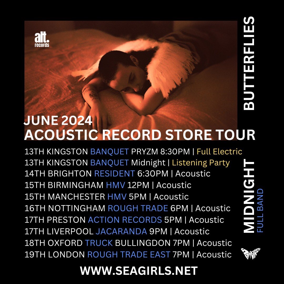 To celebrate the release of Midnight Butterflies we'll be heading out across the UK in June. With limited spaces available, grab your album ticket bundles quick for these dates and we'll see you soon! tix.to/record-store-t… εїз **HMV show links to follow