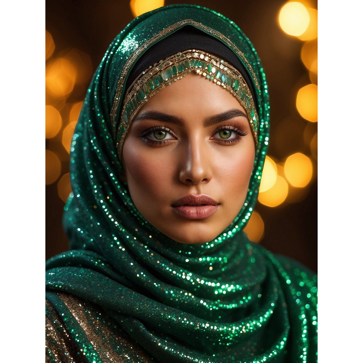 Unveil the captivating beauty of an Algerian woman. ✨  Her emerald eyes shimmer like jewels against a glitter backdrop. #LeonardoAI & #KreaAI brought out the vibrancy with pro color grading. Soft shadows add a touch of intrigue. #MuslimFashion #Portrait #AIArt CC @Azed__design