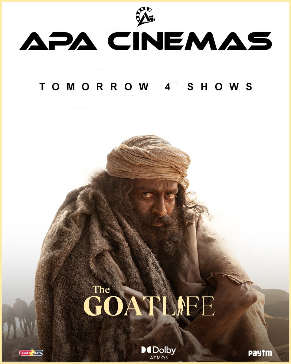 #TheGoatlife #Tamil adding for this week.. Scheduled for 4 Shows  Tomorrow at your #APACinemas #DolbyAtmos #7waysound

@PrithviOfficial @arrahman @RedGiantMovies_ @MythriOfficial @hombalefilms @Amala_ams @DirectorBlessy