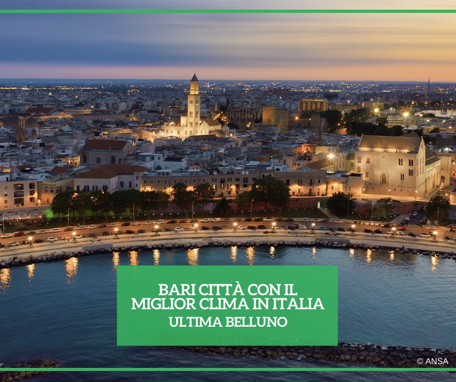 #Bari conquista il primo posto nella #classifica dell'indice del #clima pubblicato dal Sole 24 Ore, aggiornato con i dati forniti da <a href="/3BMeteo/">3B Meteo</a> relativi al decennio 2013-2023. Sul podio seguono Imperia e Barletta-Andria-Trani.
#ANSAAmbiente
➡️ bit.ly/3TR0mLp