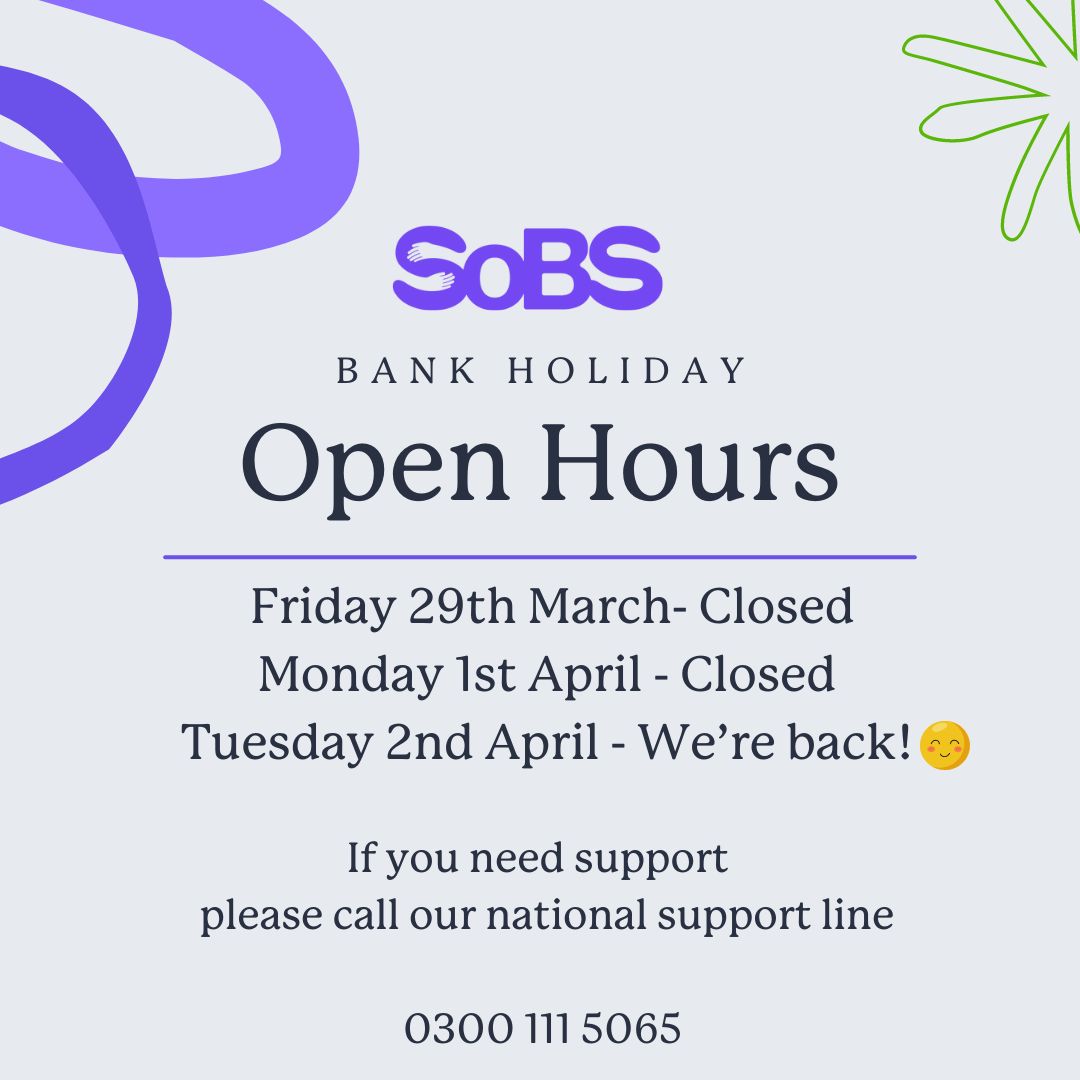 Good Afternoon Sobs Family, Just a gentle reminder that we are closed for the bank holiday on the days shown. However we are back on Tuesday 2nd April. We hope you have a lovely bank holiday, see you in April! 💜