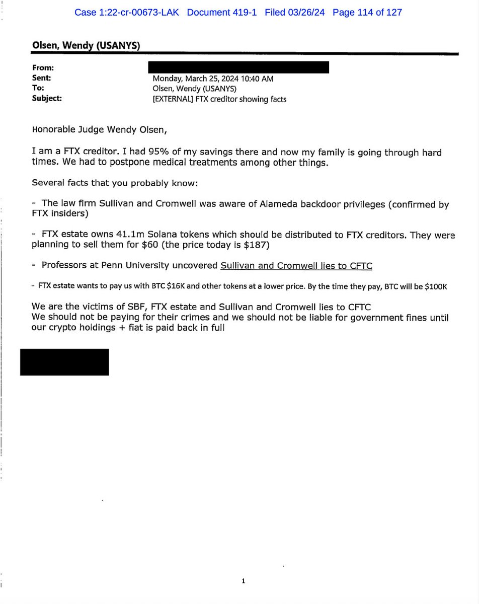 DOJ has submitted further 52 Victim statements 

Well done to everyone
Common thread

Sullivan Cromwell lies to CFTC
Sullivan Cromwell knew about Alameda backdoor
We are not whole at petition date prices (debtor lies)
Debtors ignoring property rights of customers
Petition date