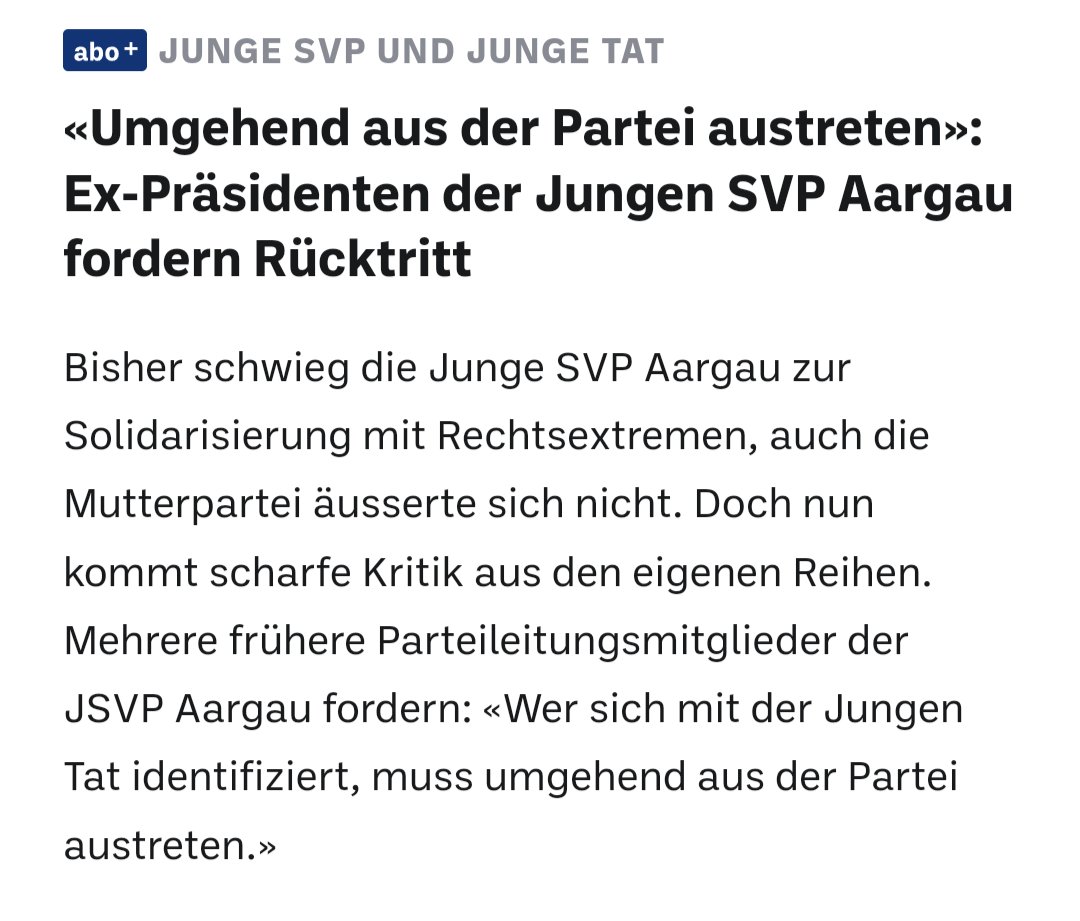 Sogar ehemalige Führungsmitglieder der @jsvpaargau fordern Ramon Hug, den aktuellen Präsidenten, zum Rücktritt auf! @andreas_glarner & @NilsFiechter distanzieren sich bislang auch nicht von der Jungen Tat. Jeder zusatzlicher Tag des Schweigens ist ein Skandal!