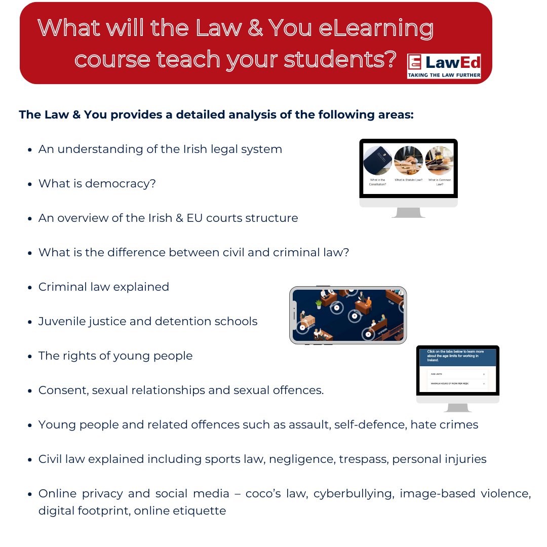 LawEd_ie's tweet photo. Our interactive eLearning course, the Law &amp; You, is tailored towards Junior Cycle Wellbeing students, tying in with the mandatory Wellbeing curriculum ✨

Email info@lawed.ie to bulk enroll your students onto the course for the 2024/2025 academic year at a reduced cost😊✅ https://t.co/RDyxGzU5j9