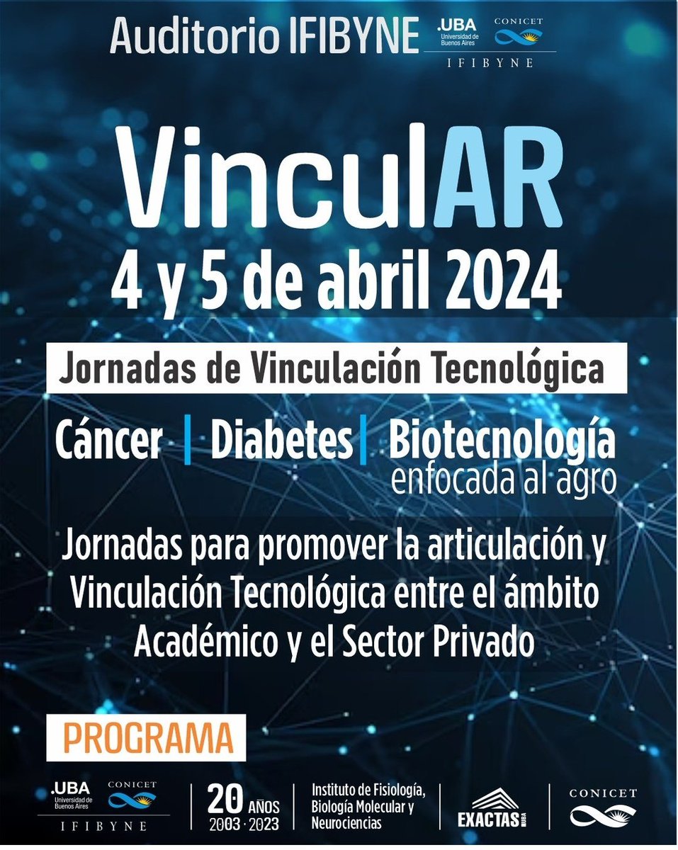 🇦🇷  | Jornadas VinculAR IFIBYNE Abierto
4 y 5 de Abril  -  Auditorio IFIBYNE

Científicos y representantes del sector privado, expondrán sus enfoques  sobre "Diabetes, Oncología y Agrobiotecnología"

👉 Programa:
shorturl.at/qvxAH

👉 INSCRIPCION: shorturl.at/dkzJZ