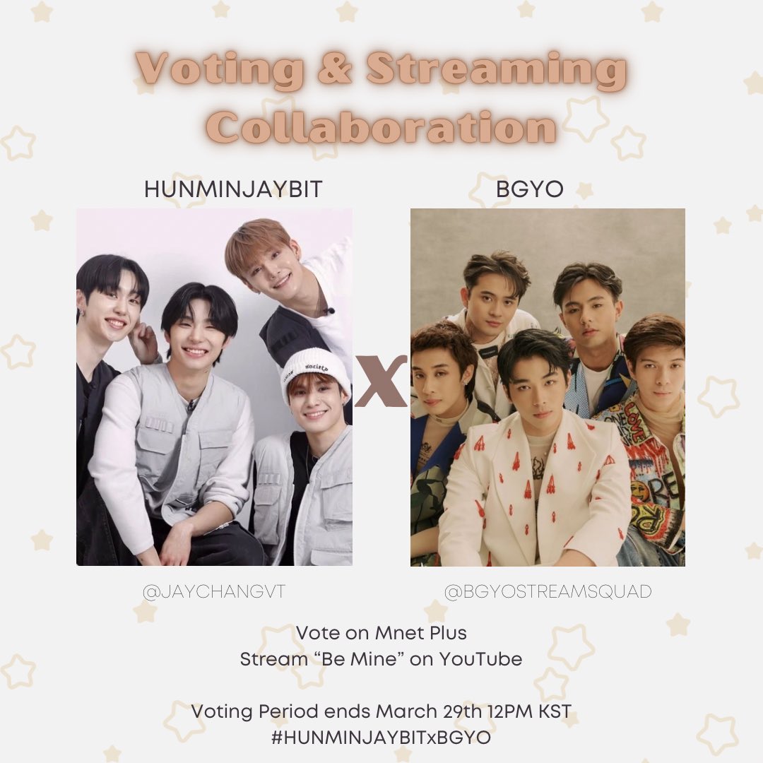 ⟨🗳️ VOTING COLLAB⟩ #BuildUp 

We are excited to announce our collaboration with @bgyostreamsquad 

We will be streaming #BGYO ‘Be Mine’ MV on Youtube! 

🔗: bit.ly/3PCX7oq

Please post your streaming proofs with hashtag:
#HUNMINJAYBITxBGYO 

#ONEPACT #원팩트 #빌드업