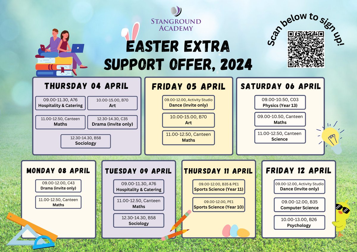 🌟 Don't miss our Easter Extra Support Offer! 🐣 Join us for revision sessions! Check out the timetable below. Boost your grades this Easter break! If your child is attending, fill out our form here: forms.office.com/e/4EFVDyJVrf #EasterSupport #Revision #StangroundAcademy 📚🐰