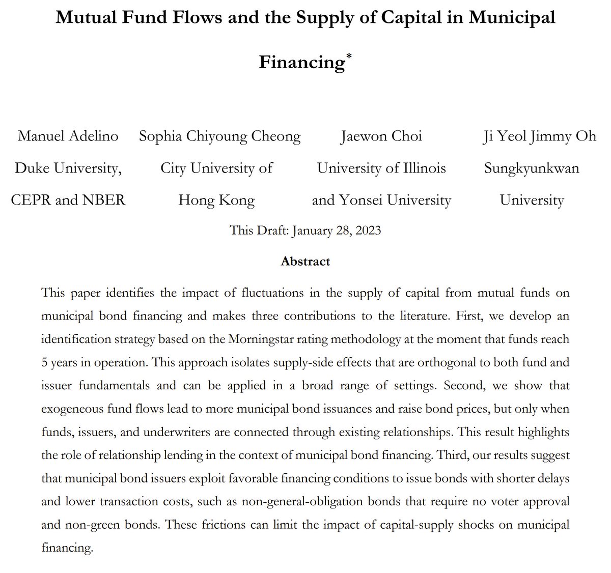 A new Virtual Municipal Finance Workshop today at 11am ET! Ji Yeol Jimmy Oh of SKKU will present 'Mutual Fund Flows and the Supply of Capital in Municipal Financing' (with Manuel Adelino, Sophia Chiyoung Cheong, and Jaewon Choi) Paper + Info: muni-workshop.com