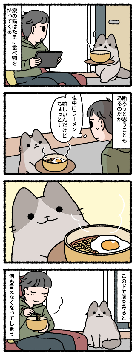 夜食を持ってくる猫 