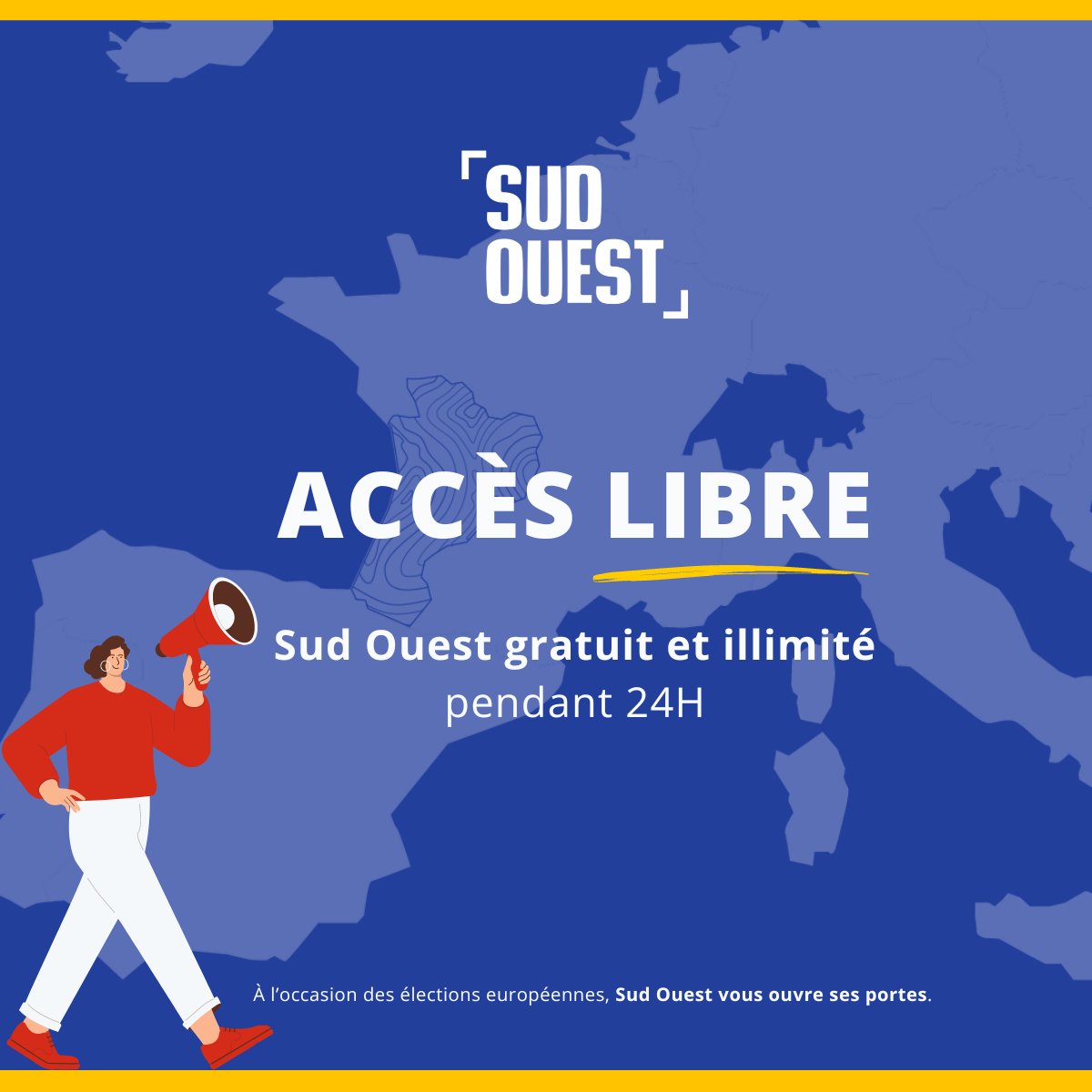 [Accès libre 📣] DEMAIN, à l’occasion des #élections_européennes 2024 🇪🇺, accédez gratuitement et en illimité pendant 24h à tous les articles de @sudouest ! Tous nos contenus articles, vidéos, podcasts... 🙌Pour en profiter profil.sudouest.fr/accueil-coupon… #medias #groupesudouest