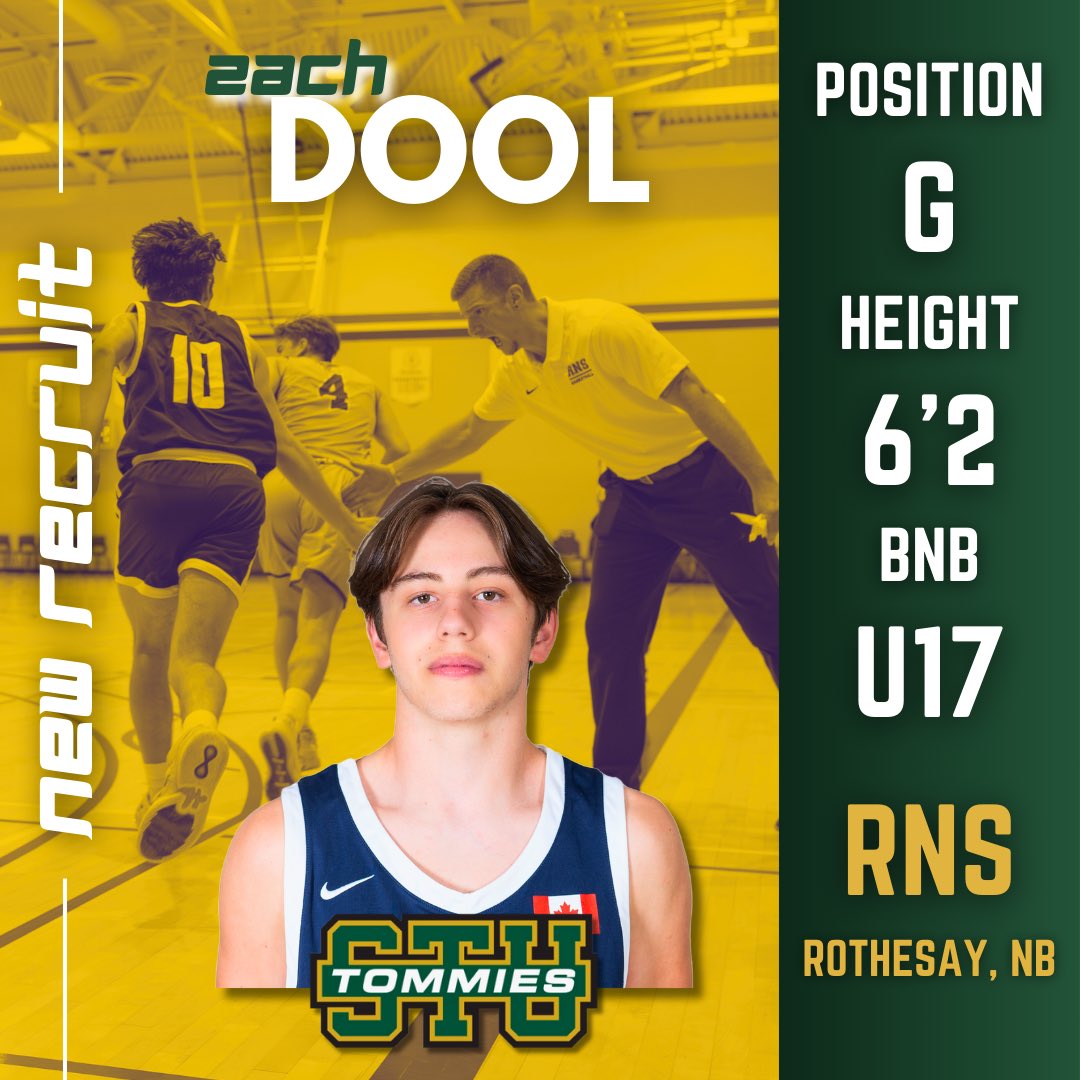 STUMENSBBALL's tweet photo. The Tommies are proud to announce the recruitment of @BasketballNB guard, Zach Dool, from @RNS_Hoops!

Zach will bring athleticism, versatility, and a competitive edge to Tommies Men’s Basketball next season!

Welcome to @TommiesSTU Nation, Zach!

#gotommiesgo https://t.co/Nluz2v7M7J
