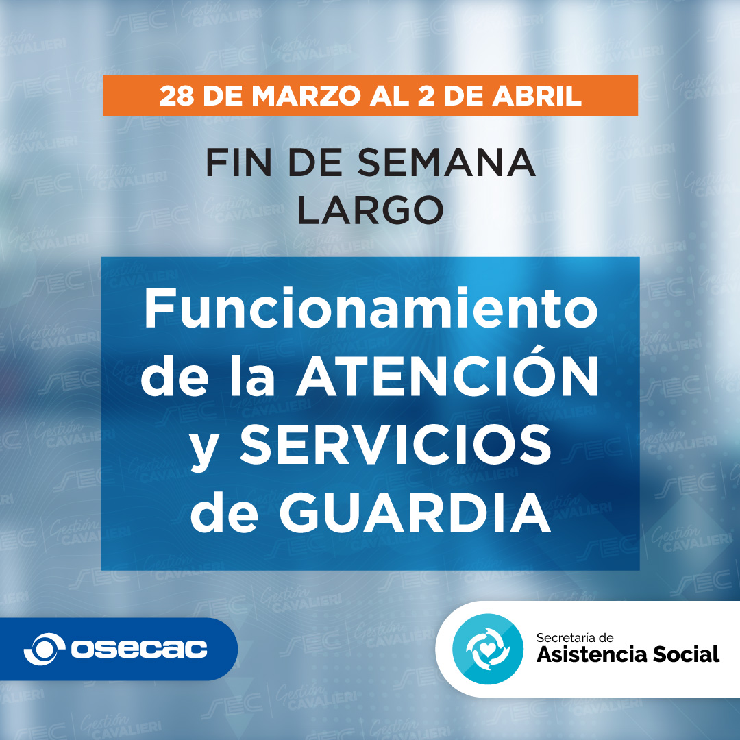 ¡Atención-OSECAC! 🚨

Les comparto la siguiente información sobre la atención y servicios de guardia de #OSECAC en CABA durante el fin de semana largo del 28 de marzo al 2 de abril.

Pueden encontrarla ingresando en osecac.org.ar/Visualizadores….

#SoyComercio #SoySEC