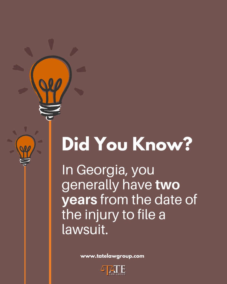 tatelawllc's tweet photo. Did you know 📷 that in personal injury cases in Georgia, you generally have two years from the date of the injury to file a lawsuit? 📷
 
#PersonalInjury #LegalHelp #georgialaw #StatuteOfLimitations #askalawyer https://t.co/rHKEAjZwFG