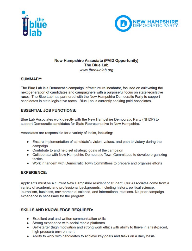 TheBlueLab's tweet image. We are hiring NH Associates for Summer and Fall 2024! The job description is attached. To apply, send your resume and cover letter to axson@thebluelab.org!