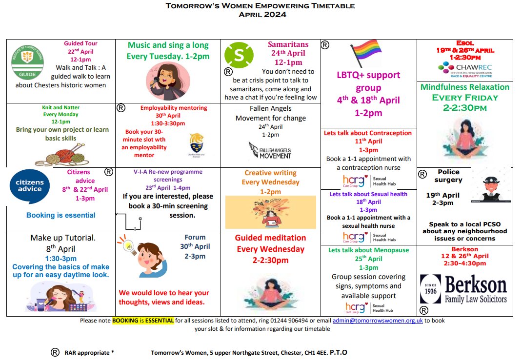 Here's our April timetables for #tomorrowswomenwirrral and #tomorrowswomenchester filled with courses, support and activities💗 please share to anyone who may benefit #supportinwirral #supportinchester #supportforwomen