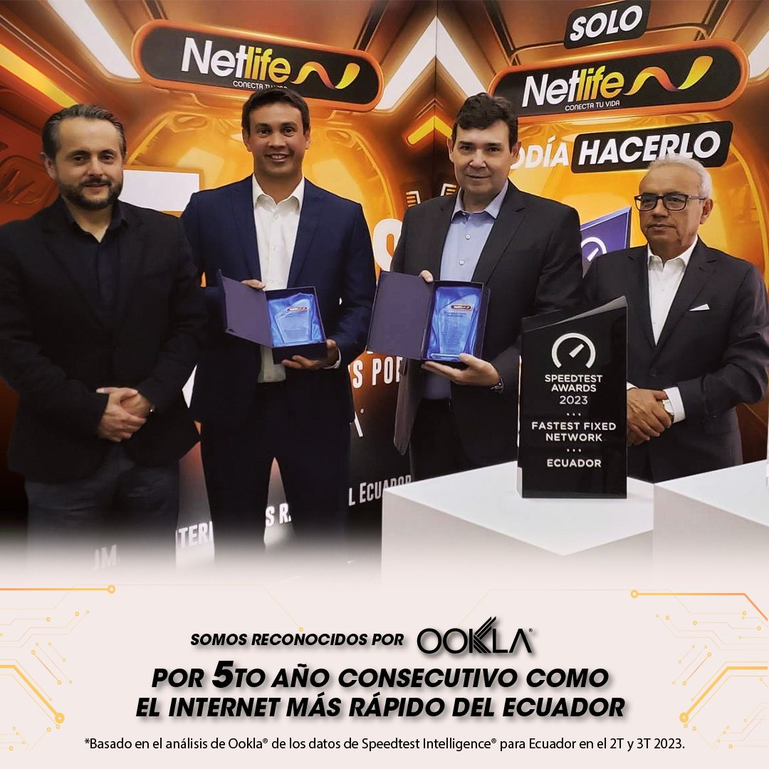 NetlifeEcuador's tweet photo. ¡Por quinto año consecutivo, somos reconocidos por @Ookla  como el internet más rápido de Ecuador!  ​

Este hito nos convierte en el primer proveedor de internet en Latinoamérica en obtener el reconocimiento otorgado por Ookla de "Red fija más rápida" durante cinco años. https://t.co/TxRcmapzfx