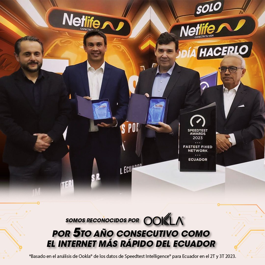 ¡Por quinto año consecutivo, somos reconocidos por @Ookla como el internet más rápido de Ecuador! ​ Este hito nos convierte en el primer proveedor de internet en Latinoamérica en obtener el reconocimiento otorgado por Ookla de 'Red fija más rápida' durante cinco años.