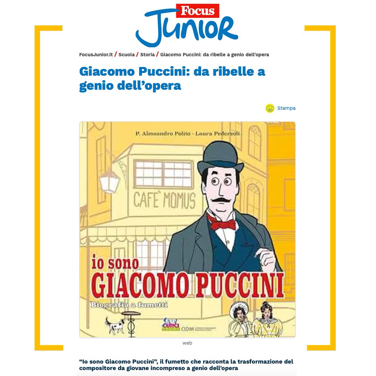 LauraPederzoli's tweet photo. Su Focus Junior “Giacomo Puccini: da ribelle a genio dell’opera” (26.3.24): intervista di Barbara Leonardi agli autori di “Io sono Giacomo Puccini. Biografia a fumetti” @edizionicurci

https://t.co/FFXGEJnGBn https://t.co/9skaoRDACe