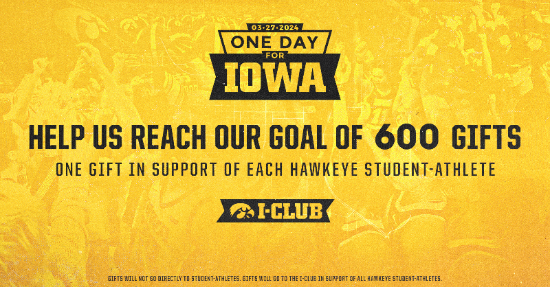 IowaHawkeyeGolf's tweet photo. 𝐎𝐧𝐞 𝐃𝐚𝐲 𝐟𝐨𝐫 𝐈𝐨𝐰𝐚. 🤝

Today is One Day for Iowa – our 24-hour online fundraising event that raises money in support of multiple university initiatives. Help us reach our goal of 600 gifts to @jointheiclub – one gift for each Hawkeye Student-Athlete! 

 #Hawkeyes