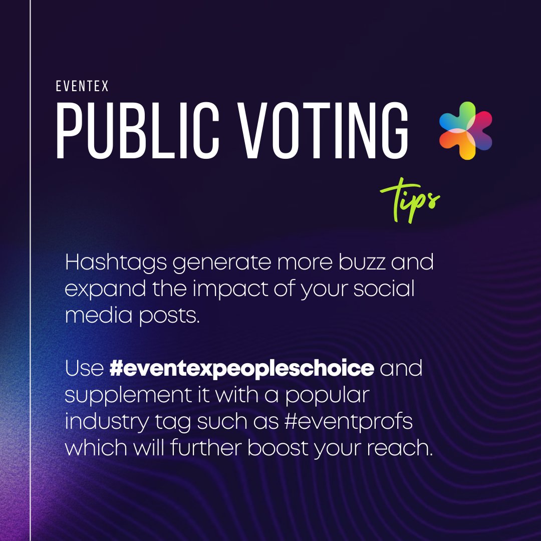 Hashtags generate buzz and expand your social media impact. 🚀 By strategically using them in your posts, you’ll attract a wider audience and skyrocket the success of your People’s Choice entry in the Eventex Awards 2024! 🌟

#eventexawards #eventexawards2024 #publicvoting