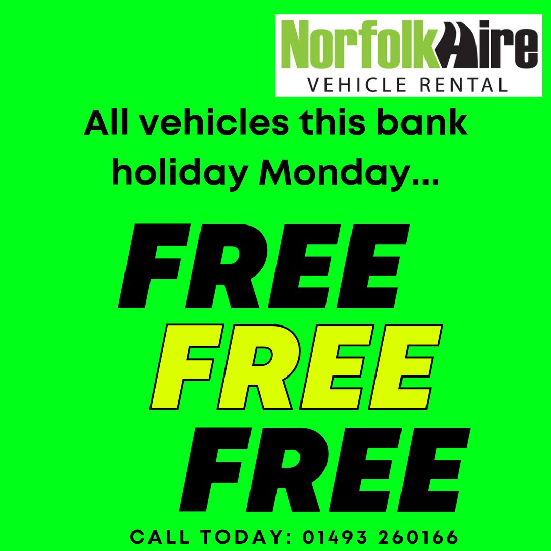 Norfolk Hire Ltd (@norfolkhire) on Twitter photo With the Easter Bank Holiday coming up, and as always Norfolk Hire Ltd wanting to give our customers the best deals around, all available vehicles on Monday are FREE!!!!!
π₯π₯π₯π₯π₯π₯π₯π₯π₯π₯π₯
Must be collected before 12 this Friday or Saturday....
π£π£π£π£π£π£π£π£π£π£π£ With the Easter Bank Holiday coming up, and as always Norfolk Hire Ltd wanting to give our customers the best deals around, all available vehicles on Monday are FREE!!!!!
π₯π₯π₯π₯π₯π₯π₯π₯π₯π₯π₯
Must be collected before 12 this Friday or Saturday....
π£π£π£π£π£π£π£π£π£π£π£