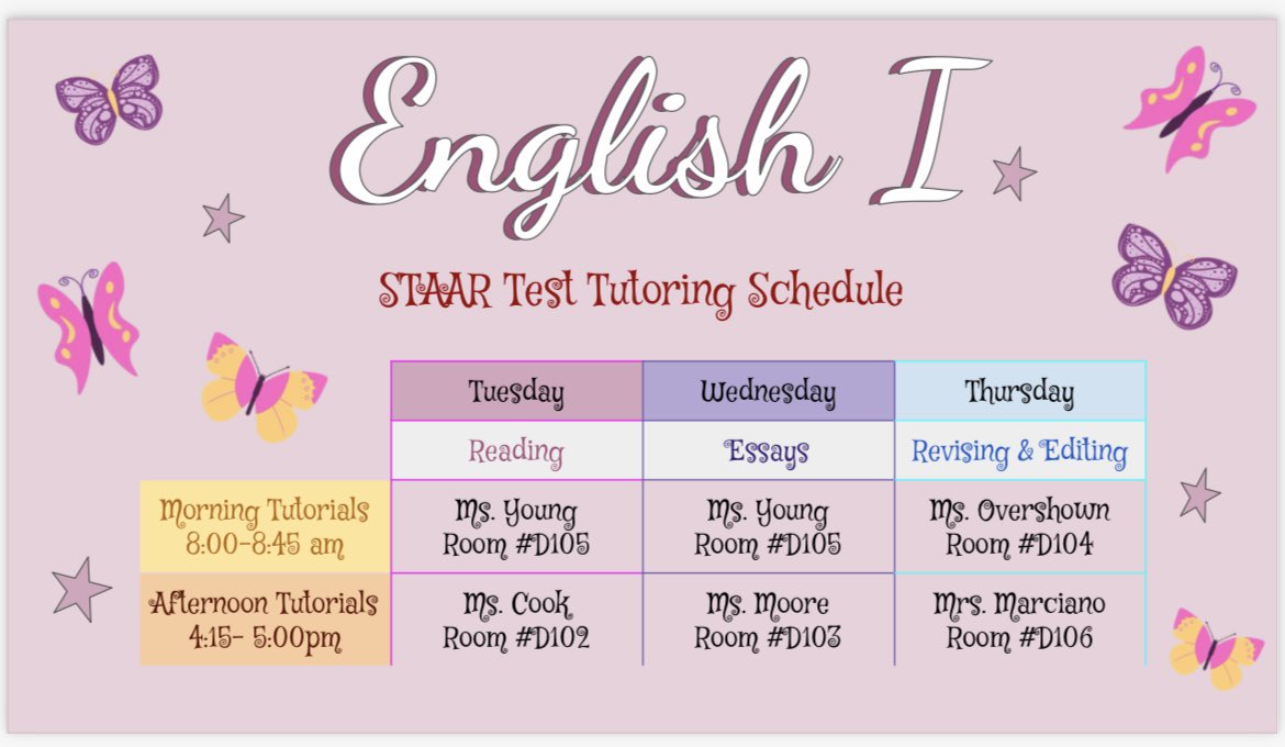 ⭐️⭐️⭐️Prepare for the upcoming English 1 STAAR Tests⭐️⭐️⭐️

Tuesday the 26th through Thursday April 4th. Tuesdays, Wednesdays, and Thursdays until the test on the on the 9th!