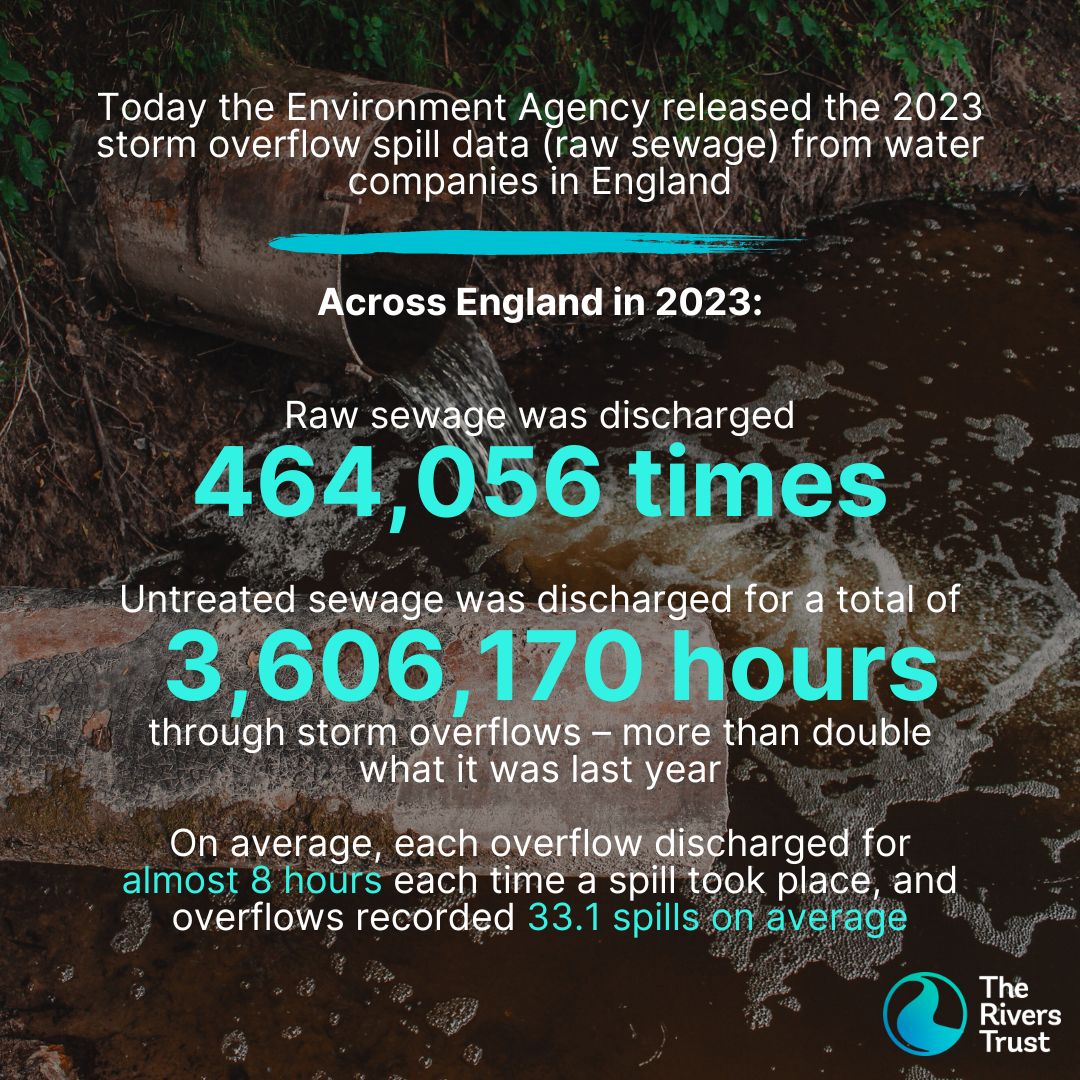 🚨2023’s #sewage deluge: new data highlights the urgency of our fight for better rivers. Last year in England: ‼️ Raw sewage was discharged 464,056 times ‼️ For a total of 3,606,170 hours (double 2022) It's vital we #EndSewagePollution. Read more👇 theriverstrust.org/about-us/news/…