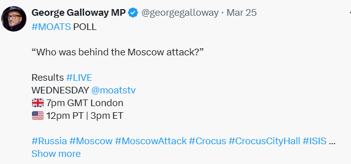 An MP currently is asking whether the Moscow terror attack was the work of IS or Ukraine. This is the first time I've seen a sitting MP echoing Kremlin talking points since Jeremy Corbyn and the Skripal poisonings.