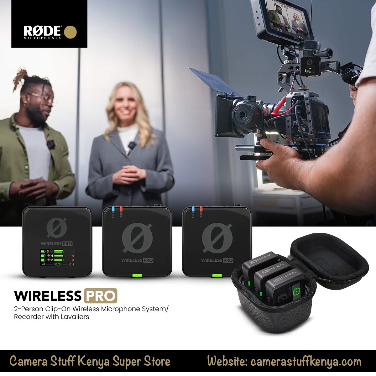 RODE Wireless PRO 2-Person Clip-On Wireless Microphone System/Recorder with Lavaliers

- 42-Person Interviews, Content & Podcasts
- 2 x Mini Clip-On Transmitter/Recorders
- Use with Camera, Mobile Device, Computer

Either to the shop or to the website camerastuffkenya.com