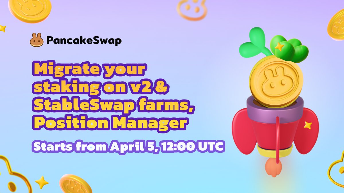 PancakeSwap's tweet image. 📢 Attention all CAKE Stakers💥 Migration begins April 5, 12:00 UTC for @BNBCHAIN v2 Farms, StableSwap, &amp;amp; Position Manager.
🥞Use bCAKE to supercharge your staking &amp;amp; continue earning CAKE!

🔍 You will see a notification on the above pages to guide you. See how ⤵️…