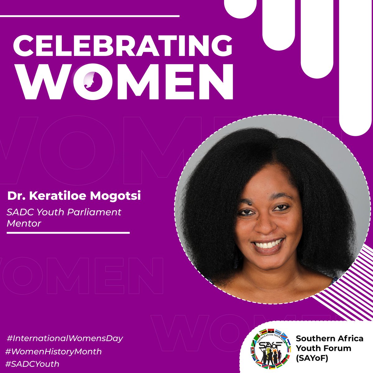 📣Women's History Month Spotlight           

Dr. <a href="/BelindaMogotsi/">Keratiloe Mogotsi “The Key Kindler”</a>, <a href="/SADCYouthParly/">Southern Africa Youth Parliament (SAYP)</a> Mentor

#WomensHistoryMonth       #SADCYouth