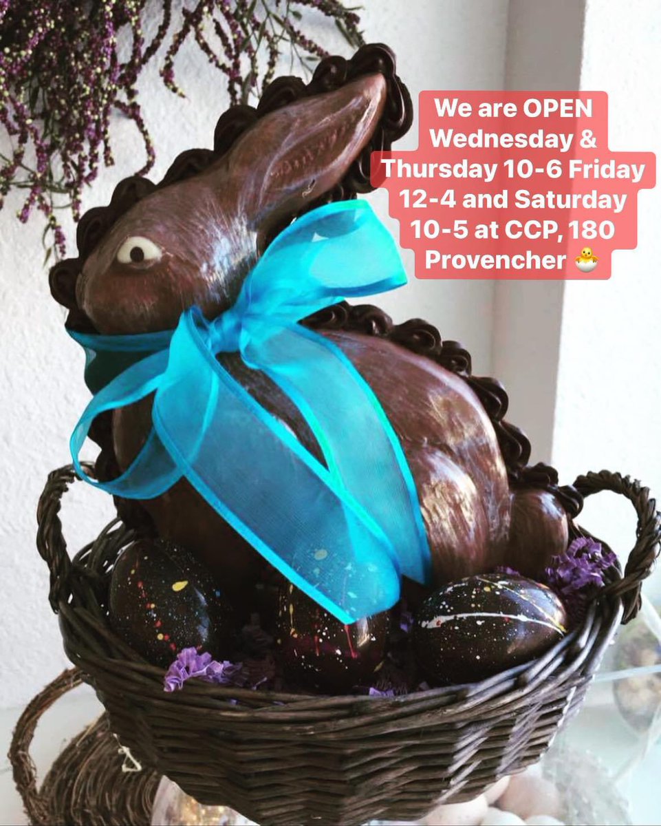 We are OPEN Wednesday & Thursday 10-6 Friday 12-4 and Saturday 10-5 at CCP, 180 Provencher 🐣 LOTS of chocolate selections as chocolate shop is FULL with Easter chocolates and more! 🐇 ✨