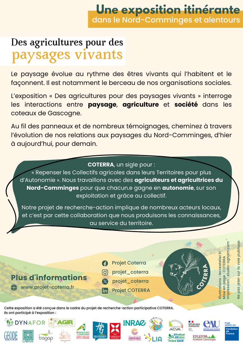 “𝗘𝘅𝗽𝗼𝘀𝗶𝘁𝗶𝗼𝗻 𝗶𝘁𝗶𝗻é𝗿𝗮𝗻𝘁𝗲” dans le nord Comminges et ses alentours

👩🏻‍🌾🧑🏻‍🌾 “Des agricultures pour des paysages vivants”

🗓️ Mercredi 3 avril 2024 de 14h00 à 19h00.
📍Campus agricole (EPLEFPA) de Saint-Gaudens.
🎟️ Entrée libre et gratuite.