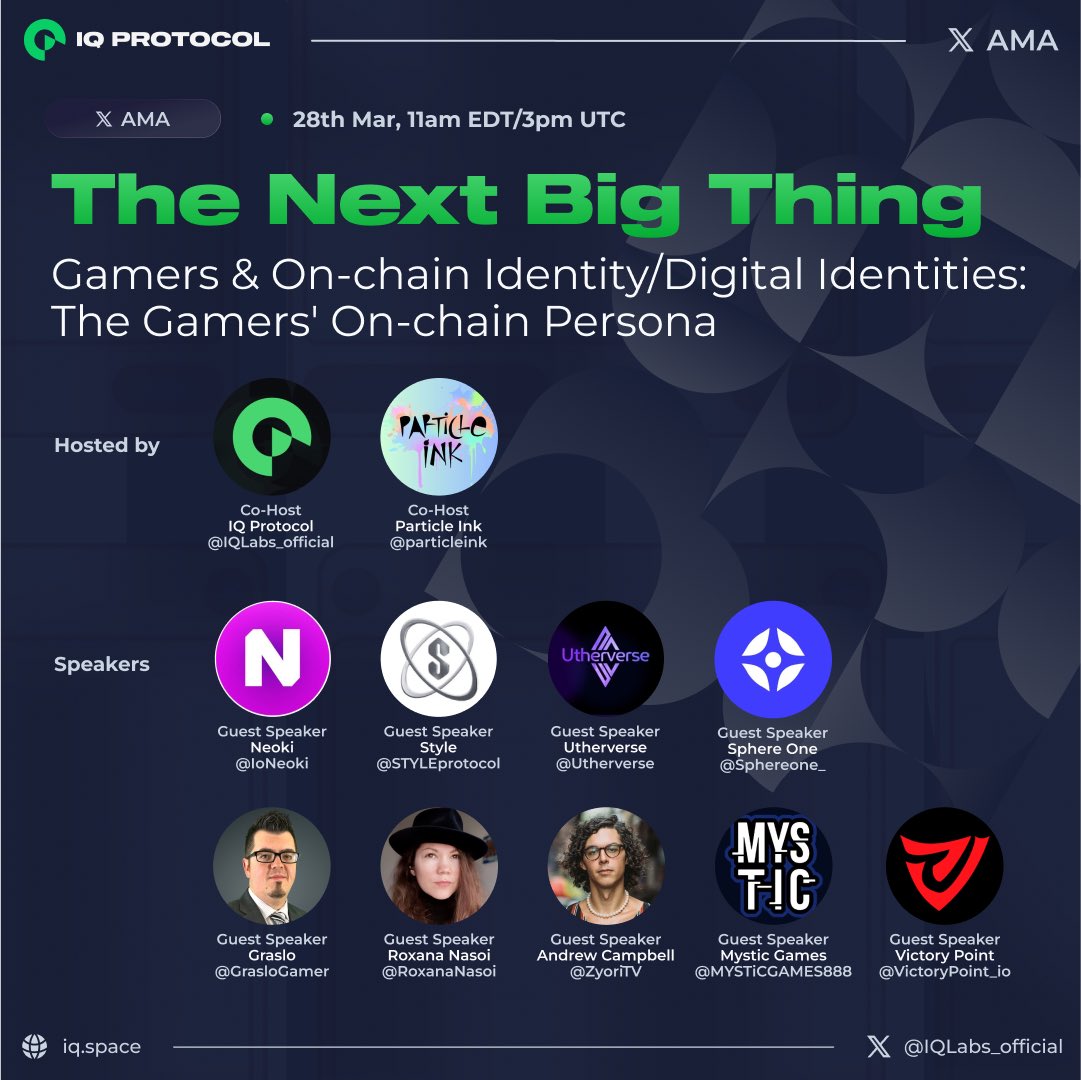 Tune in March 28th at 11am EST/3pm UTC for 'The Next Big Thing' 𝕏 MegaSpaces co-hosted with @ParticleInk 🎙 This week we explore ‘Gamers & On-chain Identity/Digital Identities: The Gamers' On-chain Persona’ 🎮 Set a reminder below 👇 x.com/i/spaces/1odjr…