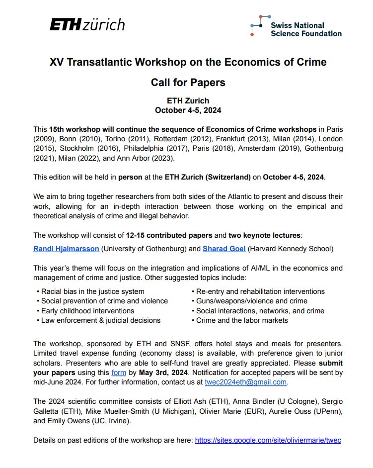 🌍We are happy to host the 15th Transatlantic Workshop on the Economics of Crime at @ETH_en this Oct 4-5! 📢Featuring keynotes by @ProfHjalmarsson & @5harad 🚀Submit your paper by May 3: docs.google.com/forms/d/e/1FAI…