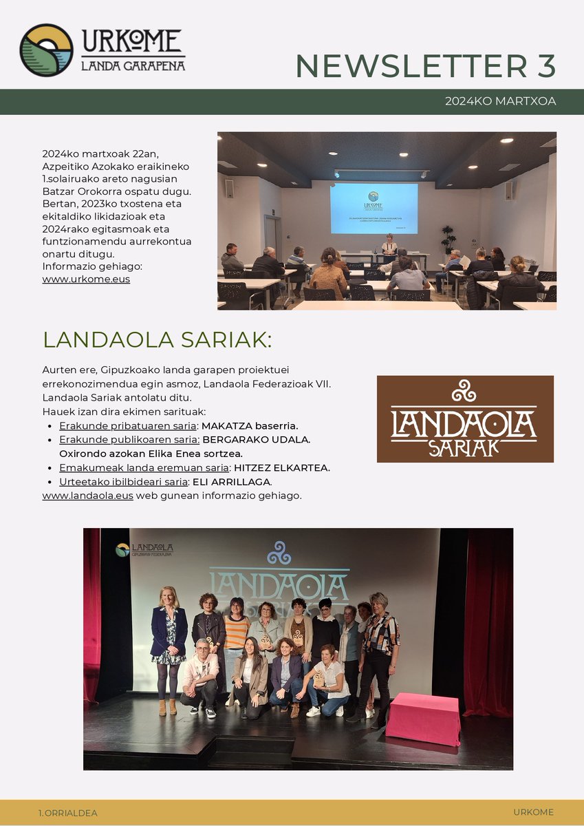 urolakosta's tweet photo. Urkomeko hirugarren Newsletterra argitaratu dugu.
Lau hilabetetik behin aterako dugu ale berria.
Urkomen eta Urkometik gauzatzen ditugun jarduerak ezagutu eta hauen berri eduki dezazuen.
#landaeremubizia https://t.co/vzJBZqUITl