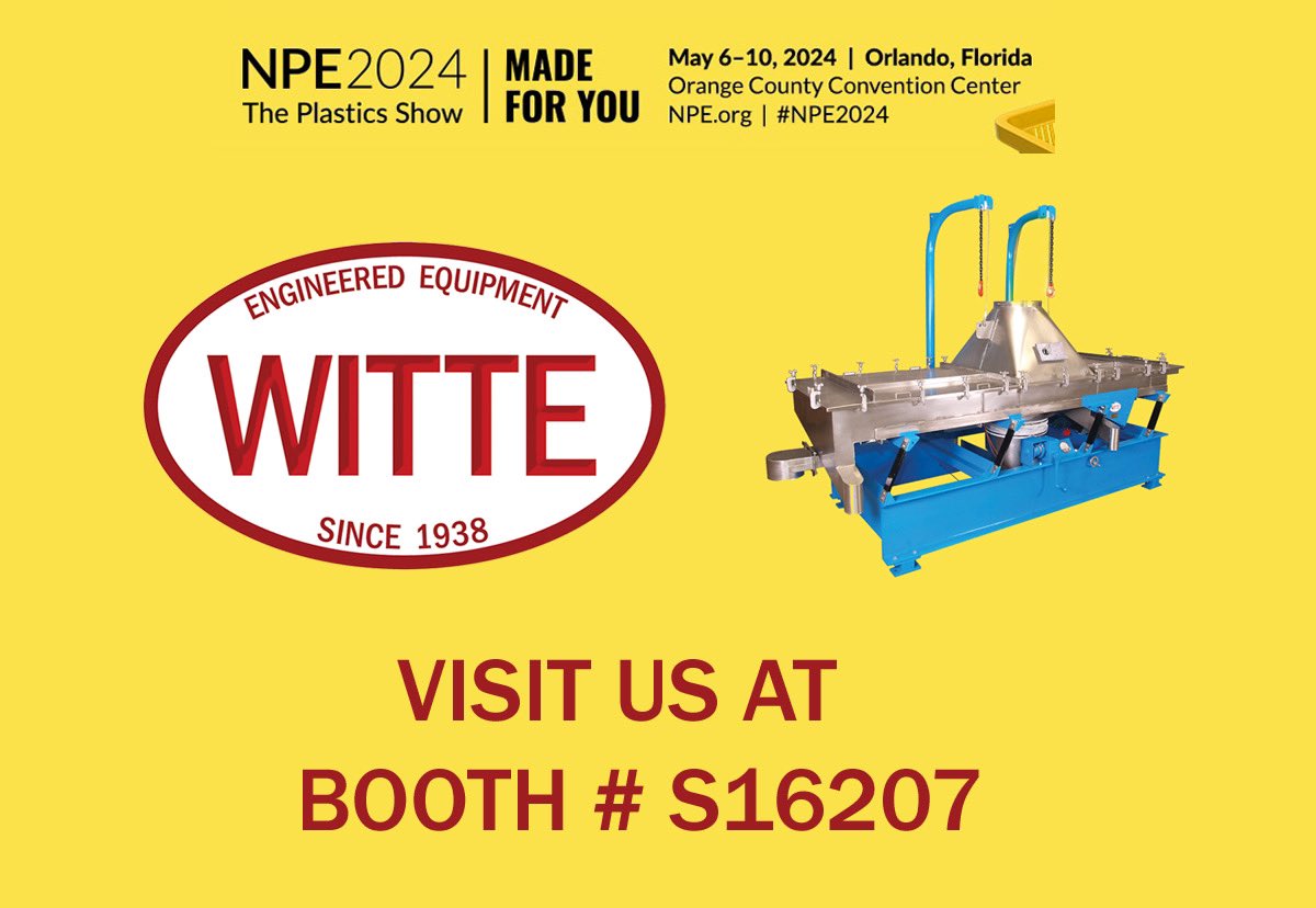 Visit us at NPE: The Plastics Show <a href="/NPEplasticsshow/">NPE: The Plastics Show</a>, at <a href="/OCCC/">Orange County Convention Center</a> 
May 6th-10th, Orlando, Florida
Booth no S16207
Stop by and learn more about our drying, cooling and classifying technology! We are excited to see you!
<a href="/WitteCompany/">The Witte Company</a> <a href="/TysonWitte/">Tyson Witte</a> 
#NPE #NPE2024 #NPEplasticshow #plastics