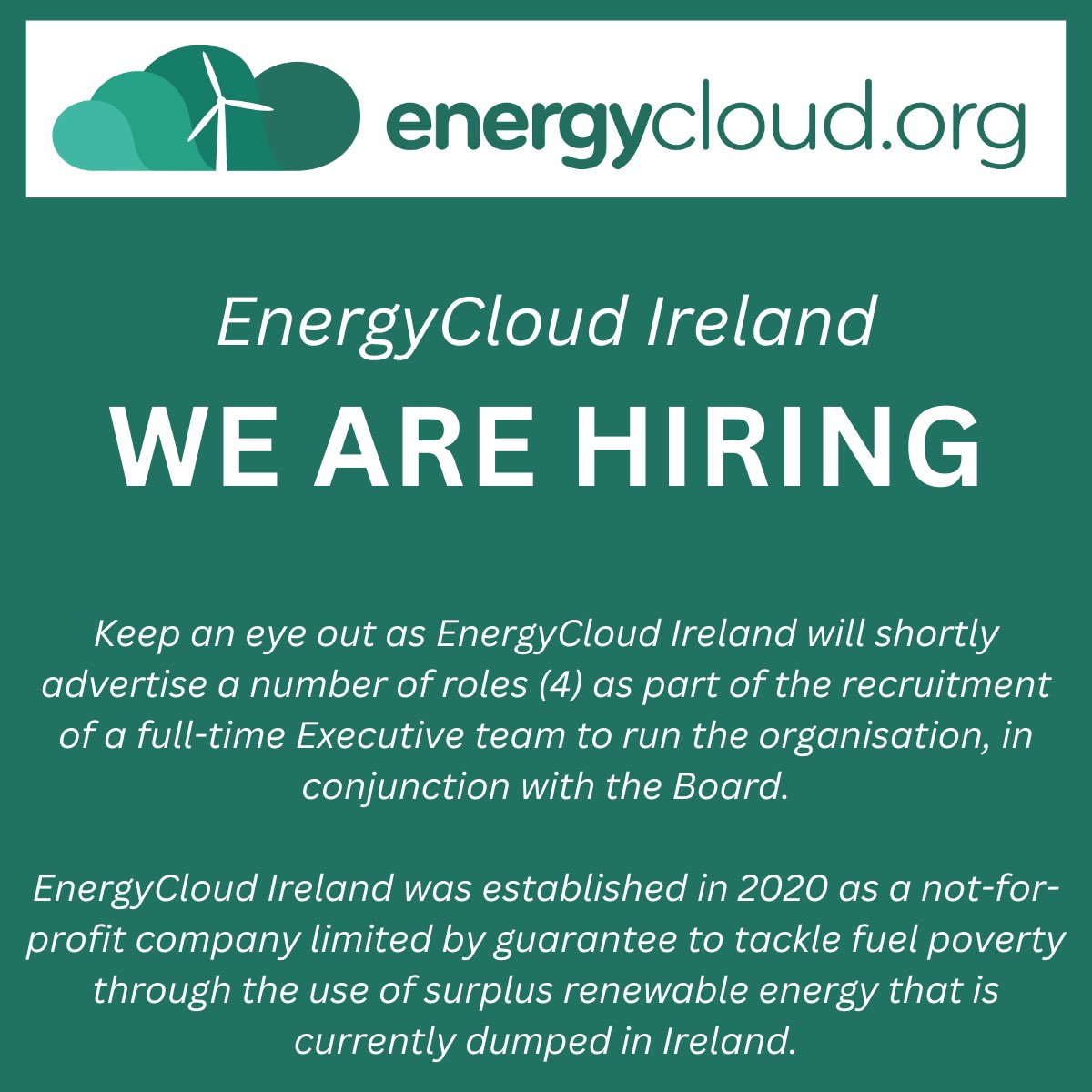 🌟 EnergyCloud Ireland - WE ARE HIRING 🌟 We are thrilled to announce the commencement of recruitment to build an executive team for EnergyCloud Ireland! @jpemul06 @dave_linehan @mrniallcarson @cathallee @ThatsMyThinking @SineadMDuffy70 @NoelCunniffeIE @chrismmgordon