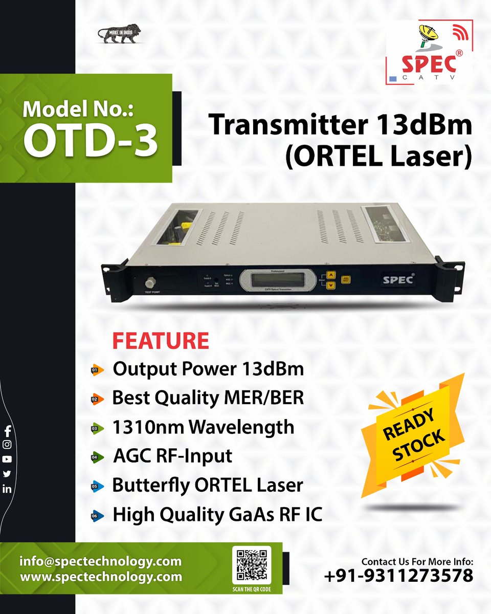 spectechcorp's tweet photo. Book Now! #Spec 13 dBm Transmitter (ORTEL Laser )
Model No- OTD-3
Online Chat on #Spec Website- https://t.co/dhlkYdl6CS
Contact Now For Attractive Price: +91-9311273578 https://t.co/9x8adbnzKV