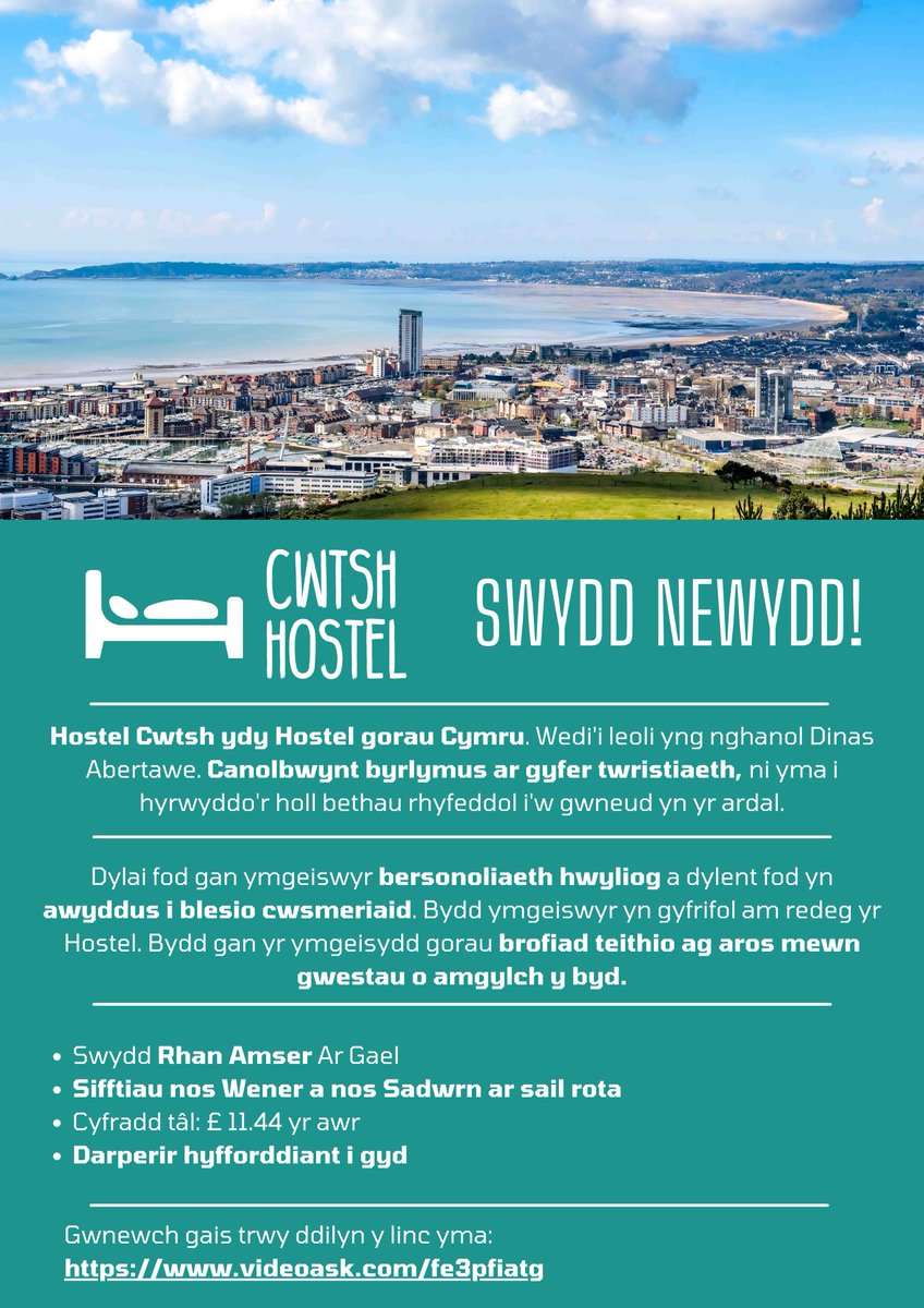 Cwtsh Hostel is HIRING!

To apply in ENGLISH follow this link.

videoask.com/fmom9kokt

Swyddi newydd yn Hostel Cwtsh!

I wneud cais yn GYMRAEG dilynwch y ddolen hon.

videoask.com/fe3pfiatg
