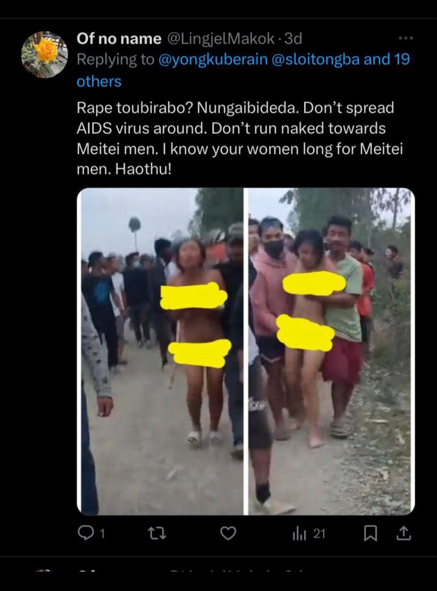 biak777's tweet photo. They(Meitei) not only subjected us to public humiliation by parading us naked on the streets &amp; fondling our private parts but also shamelessly ridiculed our suffering on Twitter repeatedly. As Kuki-Zo women,we can never feel safe around them. @BinaNepram @TeamSaath @LingjelMakok https://t.co/2H8SbxchnH