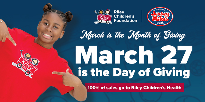 Stop by a participating Jersey Mike’s today and let’s break records for their incredible Day of Giving supporting Riley! Please help us spread the word! ow.ly/1ZKU50QPqgf