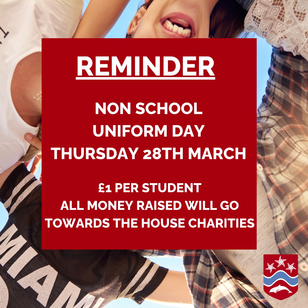 REMINDER! It's non school uniform day tomorrow (28th March), to mark the end of term. We'll be collecting £1 from each student which will go towards the House charities. #CFGS #Charity