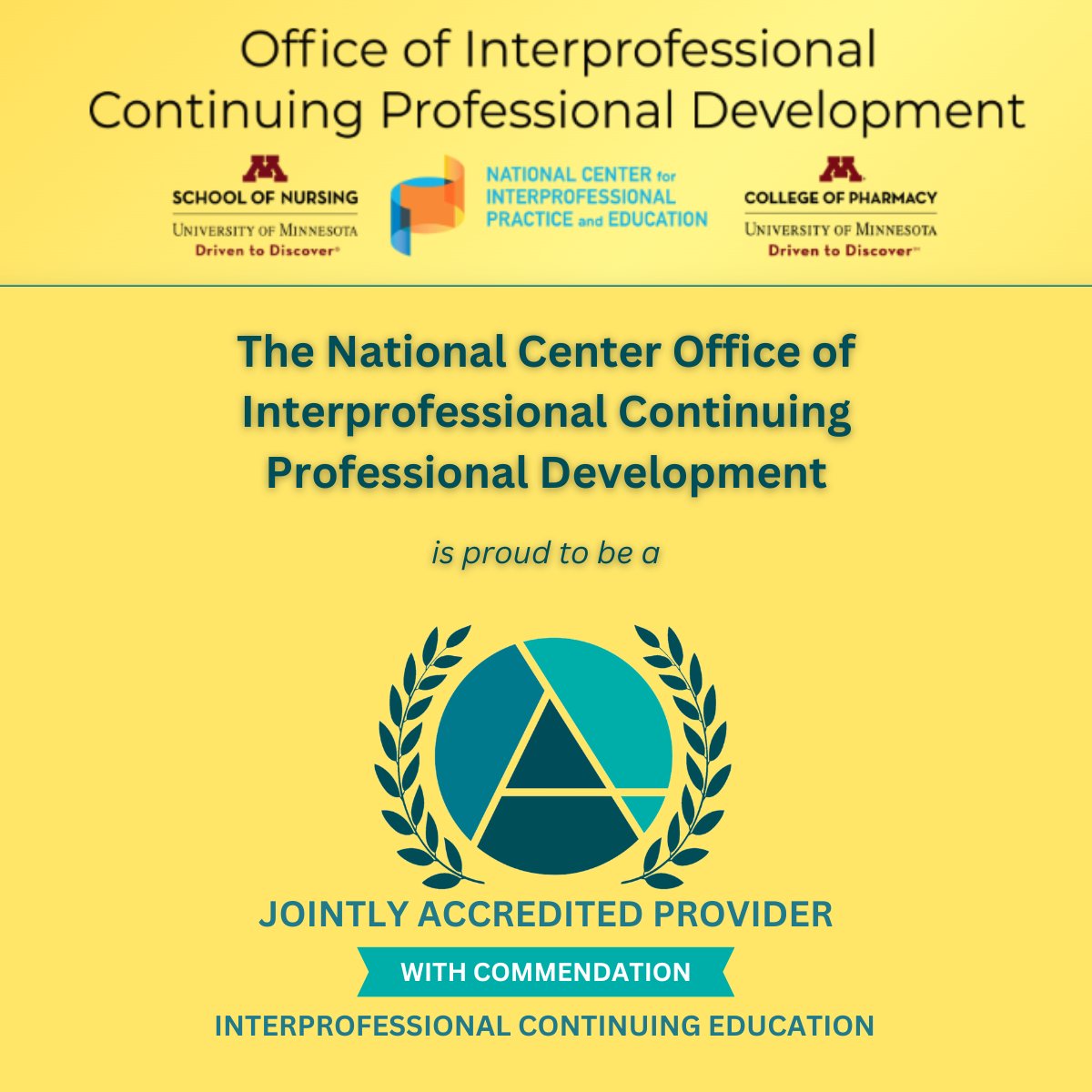 The National Center OICPD is a Jointly Accredited Provider with Commendation of Interprofessional Continuing Education credits, offering planning and accreditation of education activities through partnerships for IPE workforce development. Learn more: bit.ly/3R1GLWb