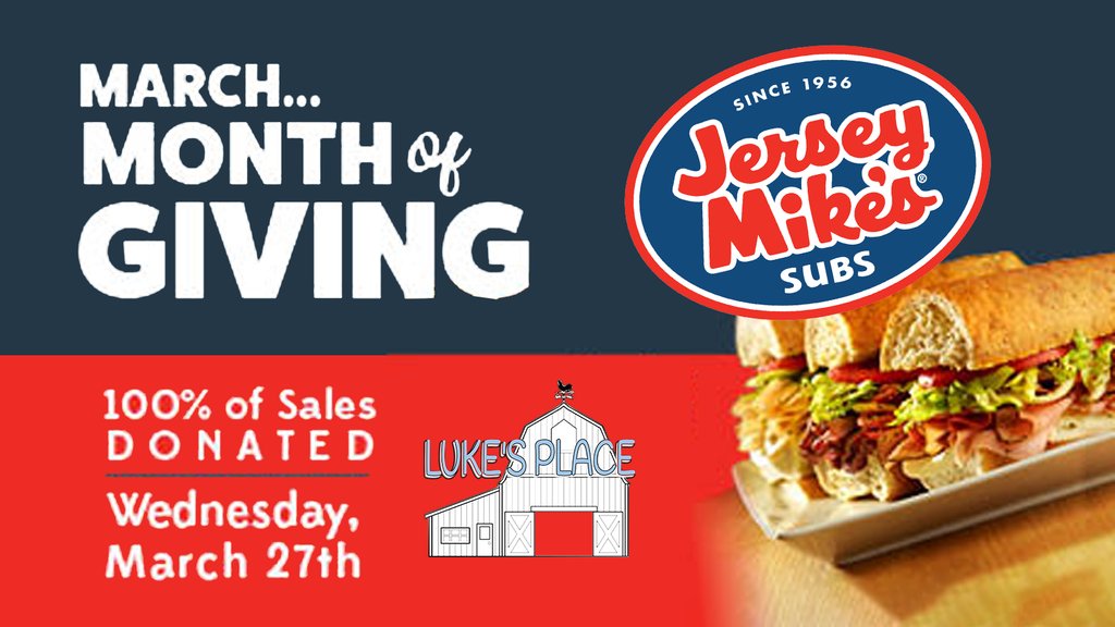 Join @jerseymikes for their Annual Day of Giving, today, March 27th! This year, 100% of proceeds from sales will go directly to Luke's Place, a non-profit agency that provides resources for young adults with special needs. See you at your nearest Jersey Mike's today!